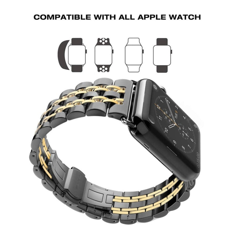 20mm Women Hidden Butterfly Buckle 7 Beads Stainless Steel Watch Band For Apple Watch 38mm(Black Gold) - Watch Bands by buy2fix | Online Shopping UK | buy2fix