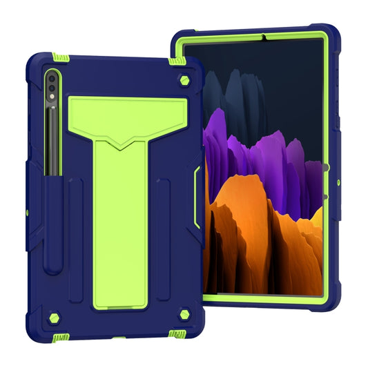 For Samsung Galaxy Tab S8 / Galaxy Tab S7 T870 / T875 T-shaped Bracket Contrast Color Shockproof PC + Silicone Protective Case(Navy+Green) - Galaxy Tab S8 Cases by buy2fix | Online Shopping UK | buy2fix