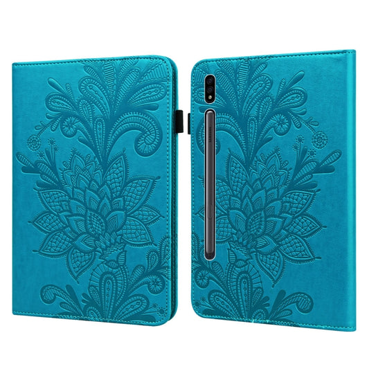 For Samsung Galaxy Tab S8 / Galaxy Tab S7 SM-T870/SM-T875/SM-T876B Lace Flower Embossing Pattern Horizontal Flip Leather Case with Holder & Card Slots & Wallet & Photo Frame(Blue) - Galaxy Tab S8 Cases by buy2fix | Online Shopping UK | buy2fix