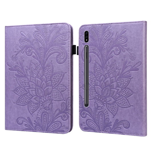 For Samsung Galaxy Tab S8 / Galaxy Tab S7 SM-T870/SM-T875/SM-T876B Lace Flower Embossing Pattern Horizontal Flip Leather Case with Holder & Card Slots & Wallet & Photo Frame(Purple) - Galaxy Tab S8 Cases by buy2fix | Online Shopping UK | buy2fix