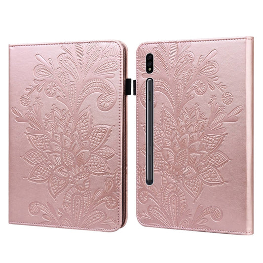 For Samsung Galaxy Tab S8 / Galaxy Tab S7 SM-T870/SM-T875/SM-T876B Lace Flower Embossing Pattern Horizontal Flip Leather Case with Holder & Card Slots & Wallet & Photo Frame(Rose Gold) - Galaxy Tab S8 Cases by buy2fix | Online Shopping UK | buy2fix