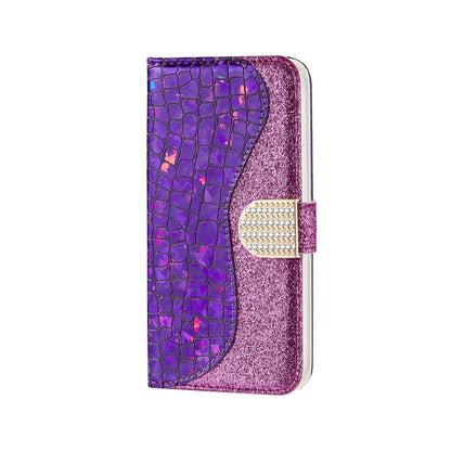 For iPhone 13 Pro Max Laser Glitter Powder Matching Crocodile Texture Horizontal Flip Leather Case with Card Slots & Holder & Wallet (Purple) - iPhone 13 Pro Max Cases by buy2fix | Online Shopping UK | buy2fix