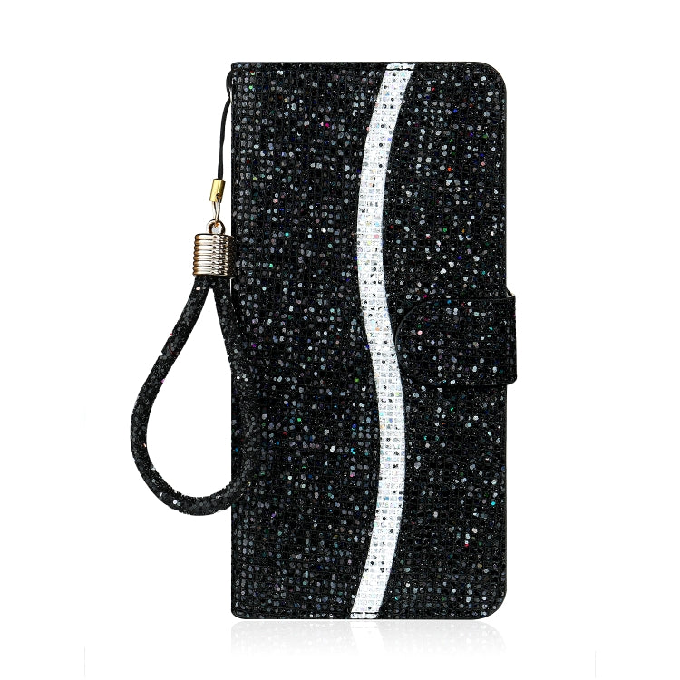 For iPhone 13 Glitter Powder Horizontal Flip Leather Case with Card Slots & Holder & Lanyard(Black) - iPhone 13 Cases by buy2fix | Online Shopping UK | buy2fix