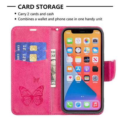 For iPhone 13 Pro Embossing Two Butterflies Pattern Horizontal Flip PU Leather Case with Holder & Card Slot & Wallet & Lanyard (Rose Red) - iPhone 13 Pro Cases by buy2fix | Online Shopping UK | buy2fix