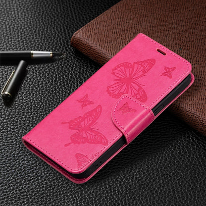 For iPhone 13 Pro Embossing Two Butterflies Pattern Horizontal Flip PU Leather Case with Holder & Card Slot & Wallet & Lanyard (Rose Red) - iPhone 13 Pro Cases by buy2fix | Online Shopping UK | buy2fix