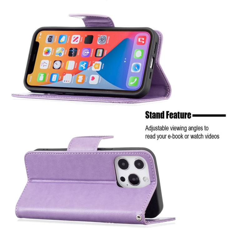 For iPhone 13 Pro Embossing Two Butterflies Pattern Horizontal Flip PU Leather Case with Holder & Card Slot & Wallet & Lanyard (Purple) - iPhone 13 Pro Cases by buy2fix | Online Shopping UK | buy2fix