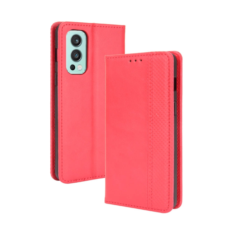 For OnePlus Nord 2 5G Magnetic Buckle Retro Crazy Horse Texture Horizontal Flip Leather Case with Holder & Card Slots & Photo Frame(Red) - OnePlus Cases by buy2fix | Online Shopping UK | buy2fix