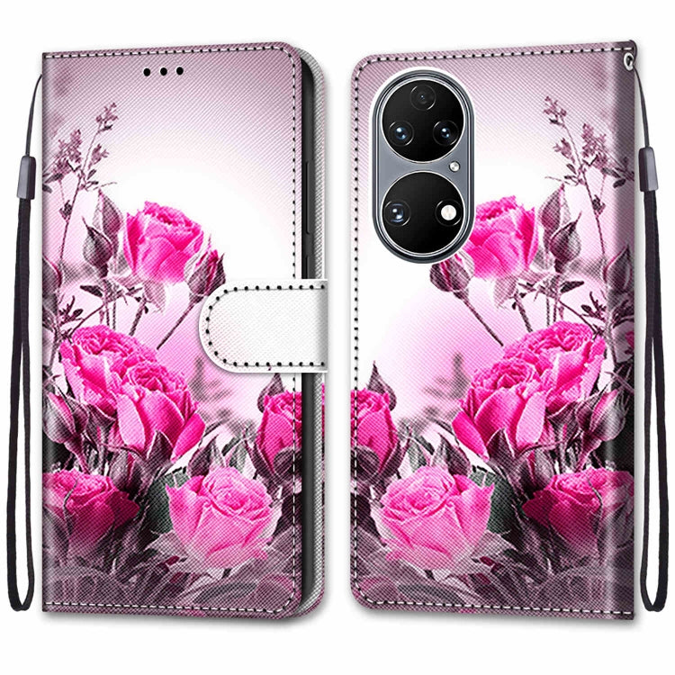 For Huawei P50 Coloured Drawing Cross Texture Horizontal Flip PU Leather Case with Holder & Card Slots & Wallet & Lanyard(Wild Rose) - Huawei Cases by buy2fix | Online Shopping UK | buy2fix