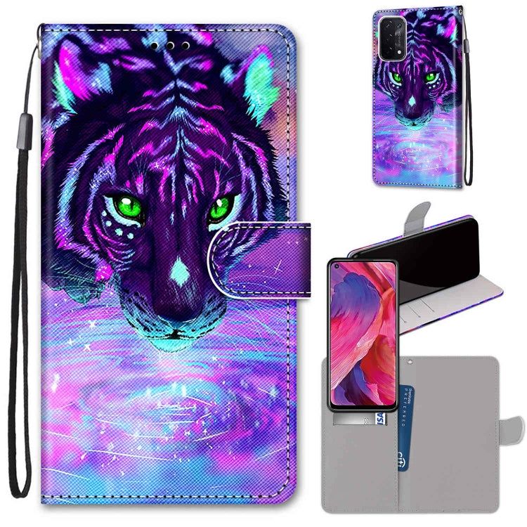 For OPPO A54 5G / A74 5G / A93 5G / A93s 5G Coloured Drawing Cross Texture Horizontal Flip PU Leather Case with Holder & Card Slots & Wallet & Lanyard(Tiger Drinking Water) - OPPO Cases by buy2fix | Online Shopping UK | buy2fix