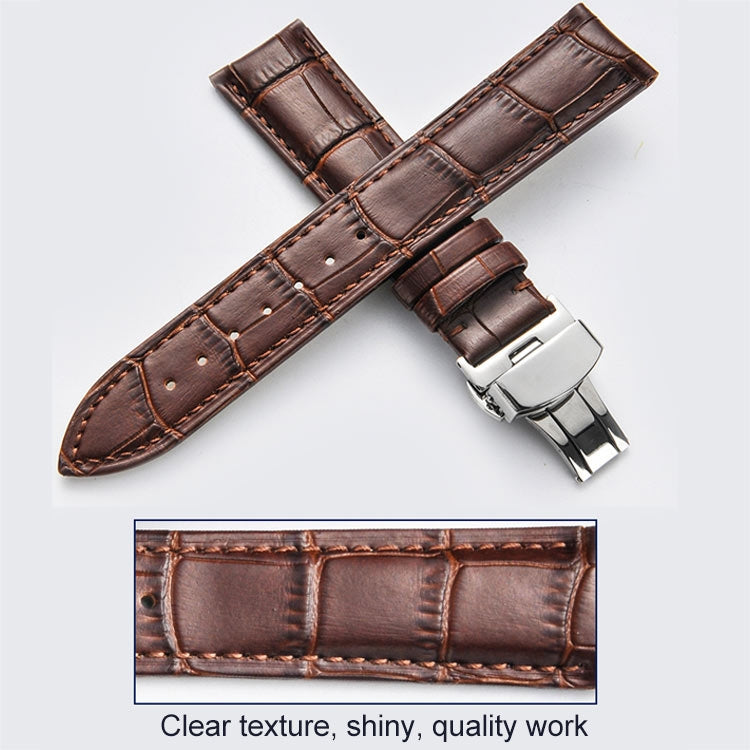 22mm Classic Cowhide Leather Black Butterfly Buckle Watch Band(Brown White Lines) - 22mm Bands by buy2fix | Online Shopping UK | buy2fix
