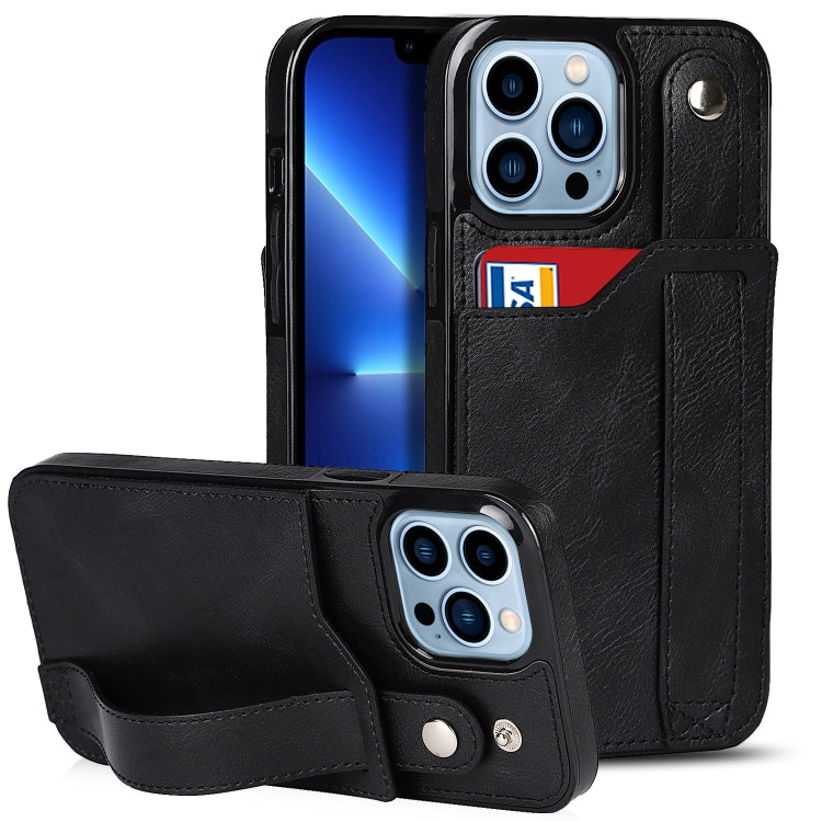 For iPhone 13 Pro Crazy Horse Texture Shockproof TPU + PU Leather Case with Card Slot & Wrist Strap Holder (Black) - iPhone 13 Pro Cases by buy2fix | Online Shopping UK | buy2fix