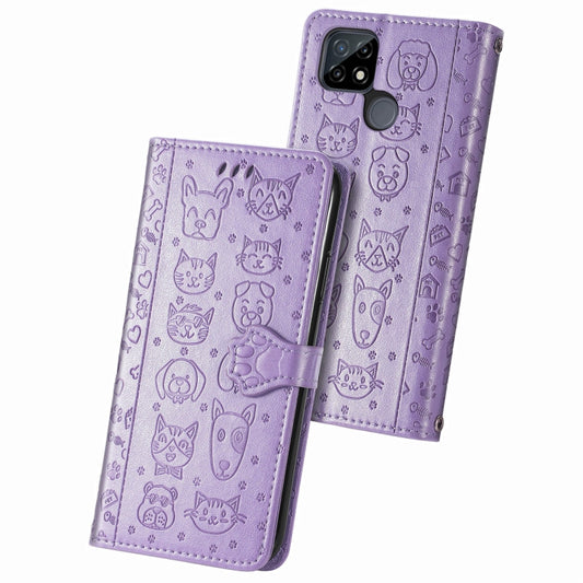 For OPPO Realme C21Y Cat and Dog Embossed Horizontal Flip Phone Leather Case with Holder & Card Slot & Wallet & Lanyard(Purple) - Realme Cases by buy2fix | Online Shopping UK | buy2fix