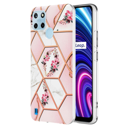 For OPPO Realme C21Y Splicing Marble Flower Pattern TPU Phone Case(Pink Flower) - Realme Cases by buy2fix | Online Shopping UK | buy2fix