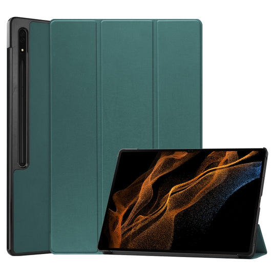 For Samsung Galaxy Tab S8 Ultra Three-folding Holder Custer Texture Leather Tablet Case(Green) - Galaxy Tab S8 Ultra Cases by buy2fix | Online Shopping UK | buy2fix