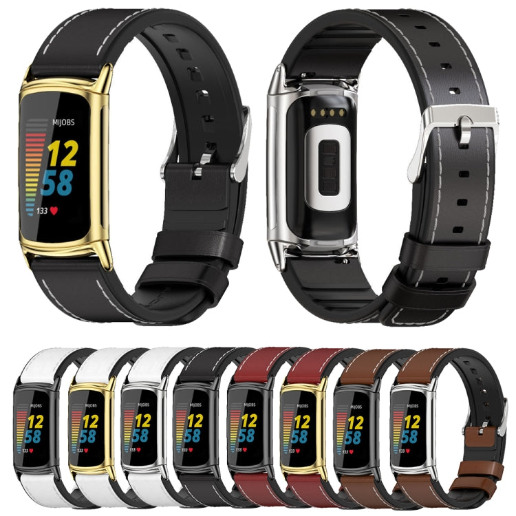 For Fitbit Charge5 Mijobs TPU + Leather Watch Band(Brown+Silver) - Watch Bands by MIJOBS | Online Shopping UK | buy2fix