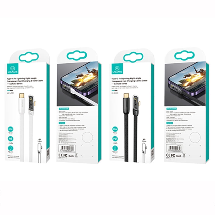 USAMS US-SJ583 PD 20W Iceflake Series Type-C to 8 Pin Right Angle Transparent Fast Charge Data Cable, Cable Length:1.2m(Black) - 2 in 1 Cable by USAMS | Online Shopping UK | buy2fix