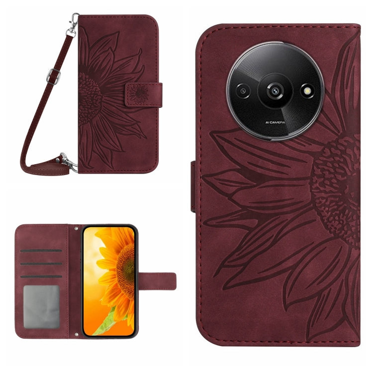 For Xiaomi Redmi A3 Skin Feel Sun Flower Embossed Flip Leather Phone Case with Lanyard(Wine Red) - Xiaomi Cases by buy2fix | Online Shopping UK | buy2fix