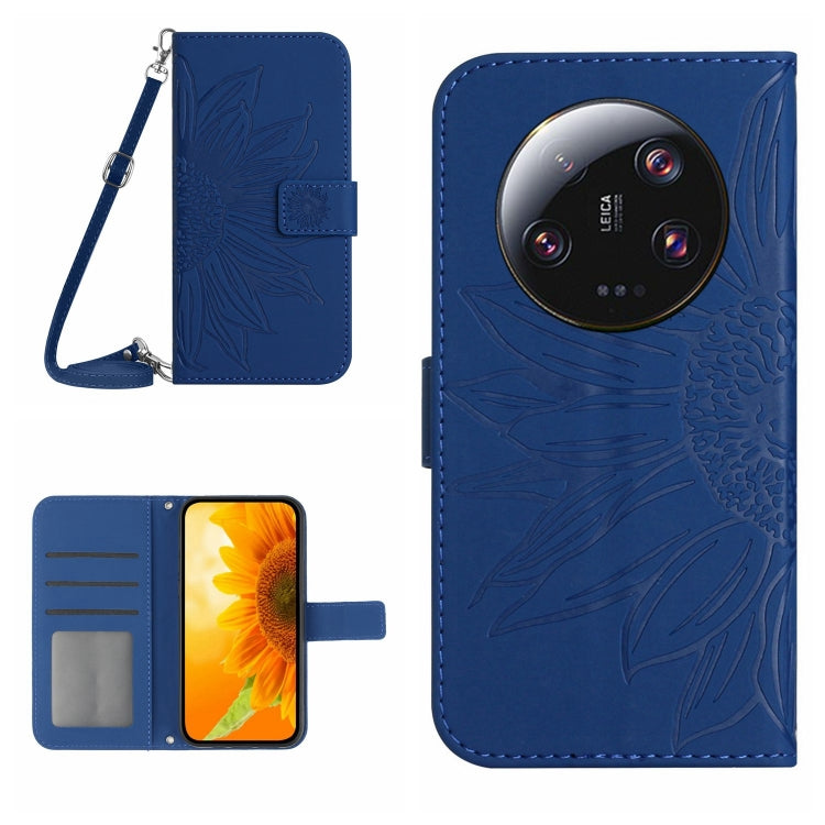 For Xiaomi 14 Ultra Skin Feel Sun Flower Embossed Flip Leather Phone Case with Lanyard(Dark Blue) - 14 Ultra Cases by buy2fix | Online Shopping UK | buy2fix