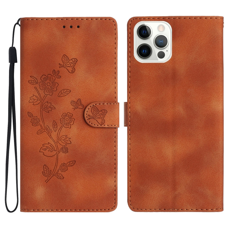 For iPhone 16 Pro Flower Butterfly Embossing Pattern Leather Phone Case(Brown) - iPhone 16 Pro Cases by buy2fix | Online Shopping UK | buy2fix