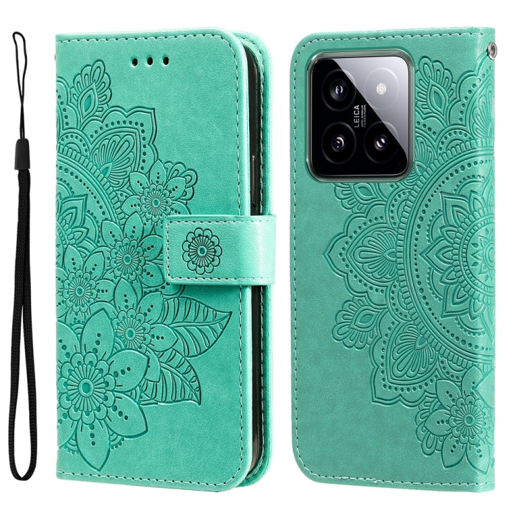 For Xiaomi 14 7-petal Flowers Embossing Leather Phone Case(Green) - 14 Cases by buy2fix | Online Shopping UK | buy2fix