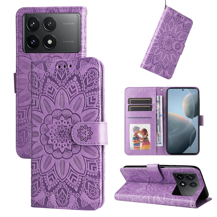For Xiaomi Redmi K70E Embossed Sunflower Leather Phone Case(Purple) - K70E Cases by buy2fix | Online Shopping UK | buy2fix