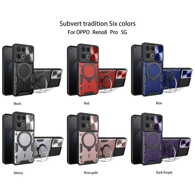 For OPPO Reno8 Pro 5G CD Texture Sliding Camshield Magnetic Holder Phone Case(Blue) - OPPO Cases by buy2fix | Online Shopping UK | buy2fix