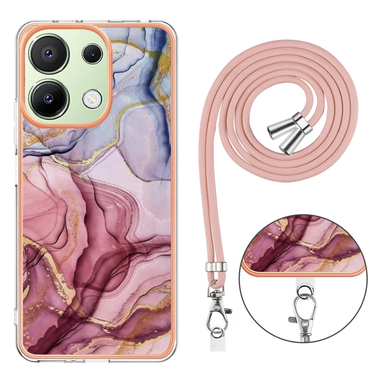 For Xiaomi Redmi Note 13 4G Global Electroplating Marble Dual-side IMD Phone Case with Lanyard(Rose Red 014) - Note 13 Cases by buy2fix | Online Shopping UK | buy2fix