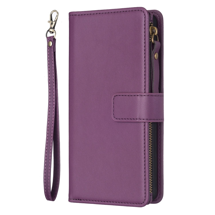 For iPhone 16 9 Card Slots Zipper Wallet Leather Flip Phone Case(Dark Purple) - iPhone 16 Cases by buy2fix | Online Shopping UK | buy2fix