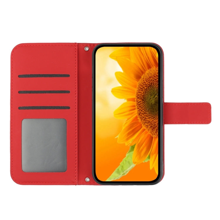 For iPhone 16 Skin Feel Sun Flower Embossed Flip Leather Phone Case with Lanyard(Red) - iPhone 16 Cases by buy2fix | Online Shopping UK | buy2fix