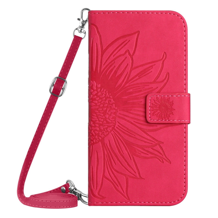 For iPhone 16 Skin Feel Sun Flower Embossed Flip Leather Phone Case with Lanyard(Rose Red) - iPhone 16 Cases by buy2fix | Online Shopping UK | buy2fix