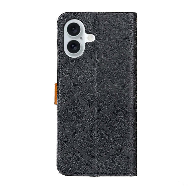 For iPhone 16 European Floral Embossed Leather Phone Case(Black) - iPhone 16 Cases by buy2fix | Online Shopping UK | buy2fix