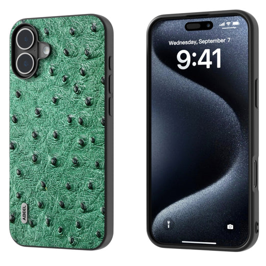 For iPhone 16 Plus ABEEL Genuine Leather Ostrich Texture Phone Case(Green) - iPhone 16 Plus Cases by buy2fix | Online Shopping UK | buy2fix