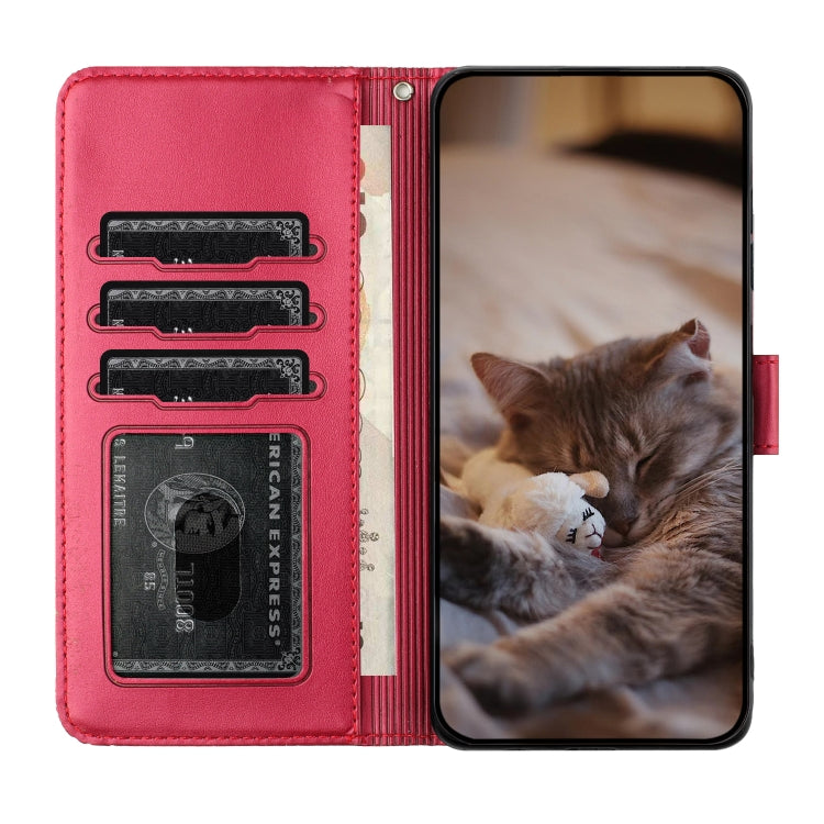 For iPhone SE 2024 Cat Embossing Pattern Leather Phone Case with Lanyard(Red) - More iPhone Cases by buy2fix | Online Shopping UK | buy2fix