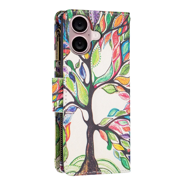 For iPhone 16 Colored Drawing Pattern Zipper Phone Leather Case(Tree) - iPhone 16 Cases by buy2fix | Online Shopping UK | buy2fix