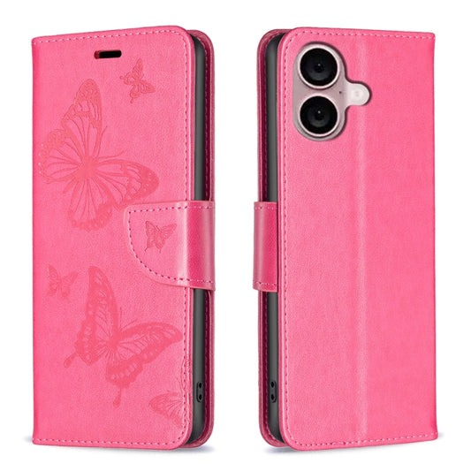 For iPhone 16 Plus Embossing Two Butterflies Pattern Leather Phone Case(Rose Red) - iPhone 16 Plus Cases by buy2fix | Online Shopping UK | buy2fix