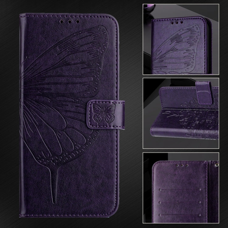 For iPhone 16 Pro Embossed Butterfly Leather Phone Case(Dark Purple) - iPhone 16 Pro Cases by buy2fix | Online Shopping UK | buy2fix