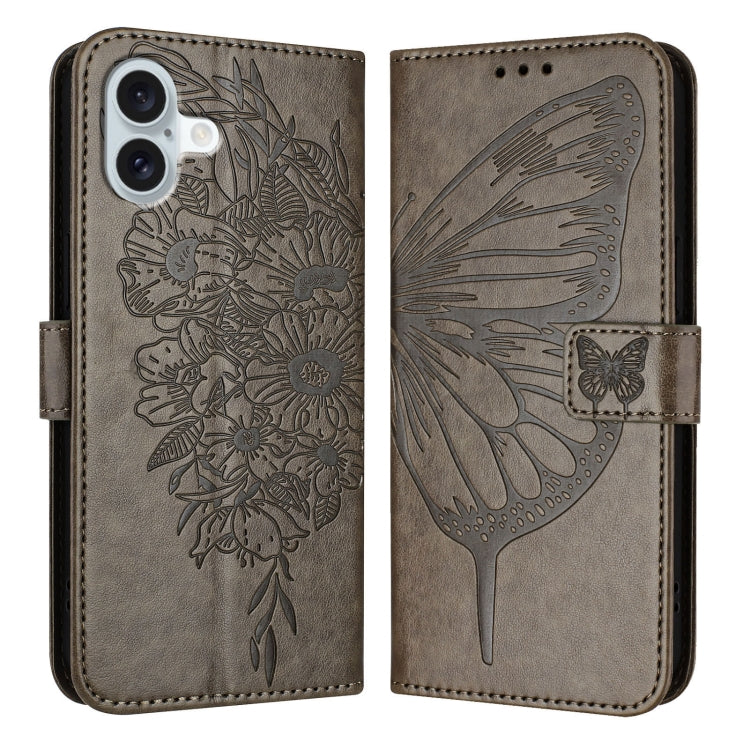 For iPhone 16 Plus Embossed Butterfly Leather Phone Case(Grey) - iPhone 16 Plus Cases by buy2fix | Online Shopping UK | buy2fix