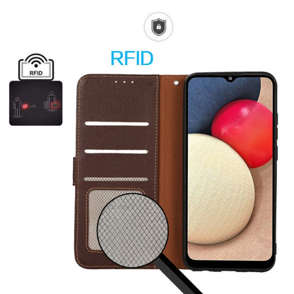 For iPhone 16e KHAZNEH Litchi Texture Leather RFID Phone Case(Brown) - iPhone 16e Cases by buy2fix | Online Shopping UK | buy2fix