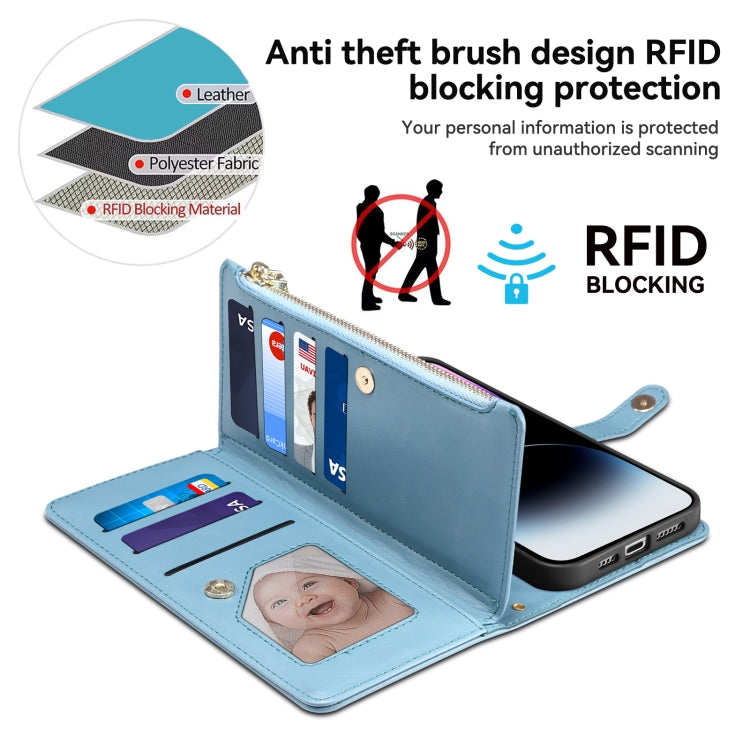 For iPhone 16 Plus ESEBLE Star Series Lanyard Zipper Wallet RFID Leather Case(Blue) - iPhone 16 Plus Cases by ESEBLE | Online Shopping UK | buy2fix