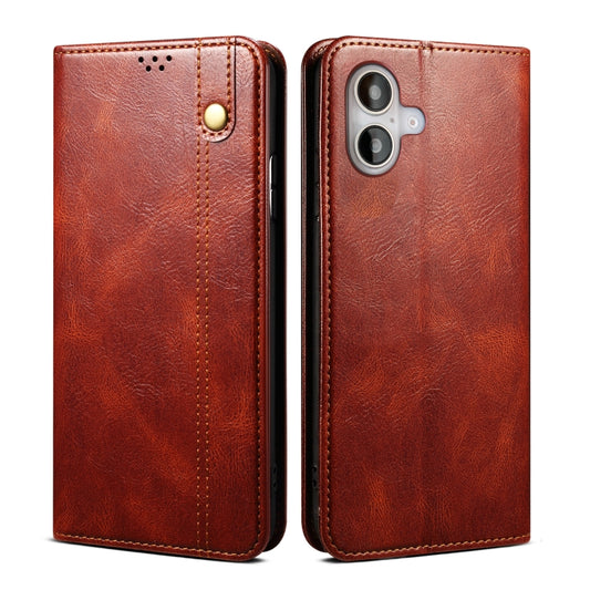 For iPhone 16 Plus Oil Wax Crazy Horse Texture Leather Phone Case(Brown) - iPhone 16 Plus Cases by buy2fix | Online Shopping UK | buy2fix