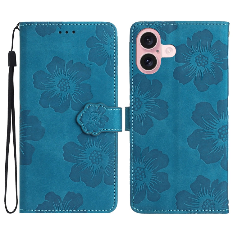 For iPhone 16 Plus Flower Embossing Pattern Leather Phone Case(Blue) - iPhone 16 Plus Cases by buy2fix | Online Shopping UK | buy2fix