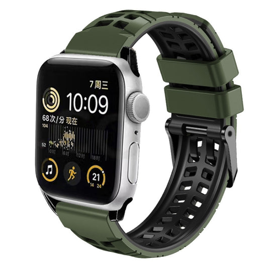 For Apple Watch 38mm Twill Dual-row Buckle Silicone Watch Band(Army Green Black) - Watch Bands by buy2fix | Online Shopping UK | buy2fix