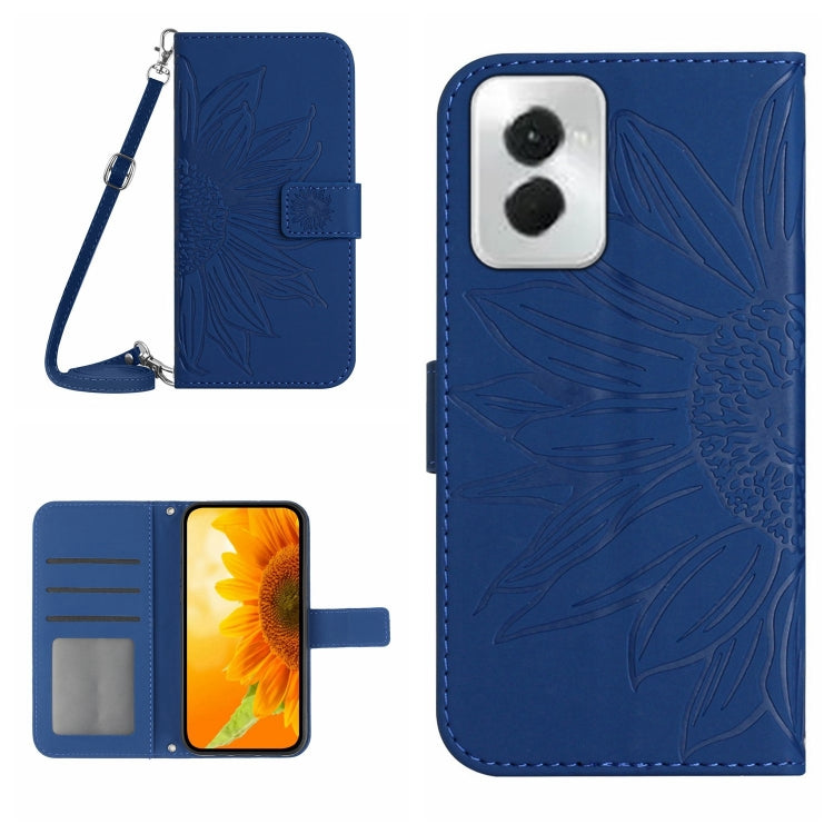 For Motorola Moto G Power 5G 2024 HT04 Skin Feel Sun Flower Embossed Flip Leather Phone Case with Lanyard(Dark Blue) - Motorola Cases by buy2fix | Online Shopping UK | buy2fix