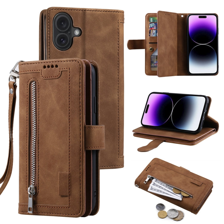 For iPhone 16 Nine Card Zipper Bag Leather Phone Case with Lanyard(Brown) - iPhone 16 Cases by buy2fix | Online Shopping UK | buy2fix