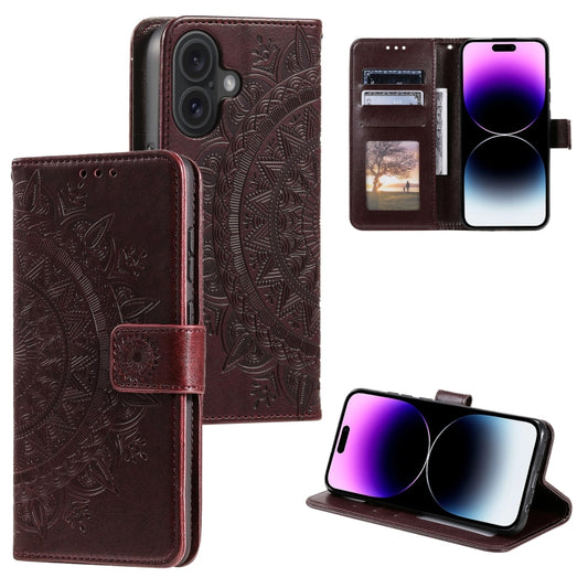 For iPhone 16 Totem Flower Embossed Leather Phone Case(Brown) - iPhone 16 Cases by buy2fix | Online Shopping UK | buy2fix