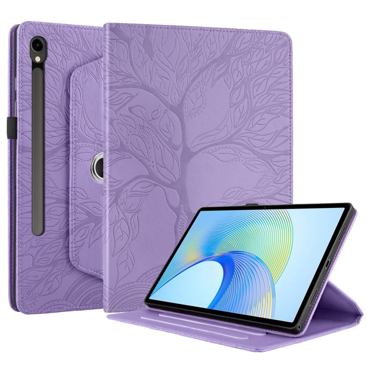 For Samsung Galaxy Tab S9 FE / S9 X510 Tree Life Embossed Rotation Leather Smart Tablet Case(Purple) - Galaxy Tab S9 FE by buy2fix | Online Shopping UK | buy2fix