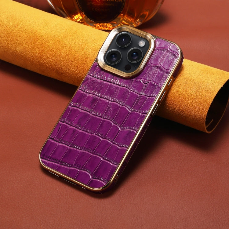 For iPhone 16 Pro Denior Crocodile Texture Genuine Leather Electroplating Phone Case(Purple) - More iPhone Cases by Denior | Online Shopping UK | buy2fix