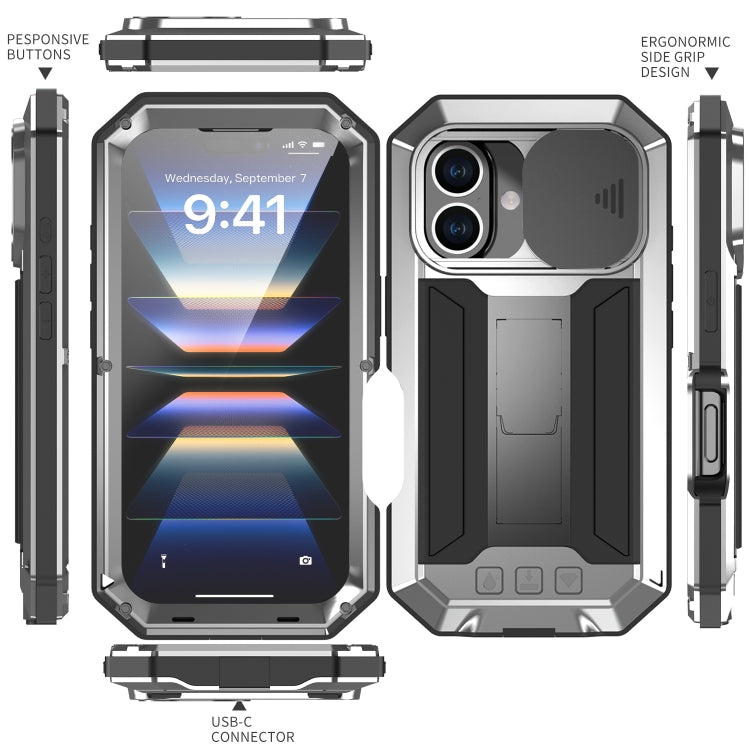 For iPhone 16 R-JUST Sliding Camera IP54 Life Waterproof Holder Phone Case(Silver) - iPhone 16 Cases by R-JUST | Online Shopping UK | buy2fix