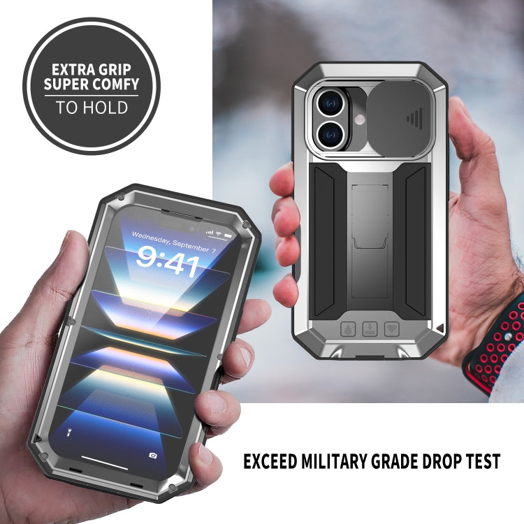 For iPhone 16 R-JUST Sliding Camera IP54 Life Waterproof Holder Phone Case(Silver) - iPhone 16 Cases by R-JUST | Online Shopping UK | buy2fix