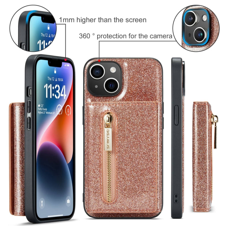 For iPhone 15 Plus DG.MING M3 Series Glitter Powder Card Bag Leather Phone Case(Rose Gold) - iPhone 15 Plus Cases by DG.MING | Online Shopping UK | buy2fix